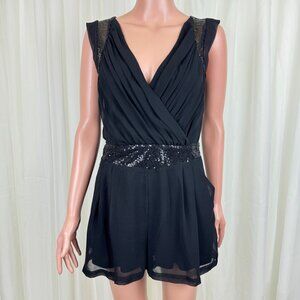 Women's TCEC Sequins Accent Ruched Shirred Chiffon Romper Size Medium Black